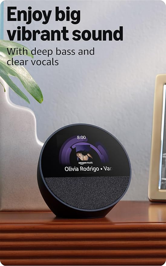 Echo Spot showing music controls and vibrant sound